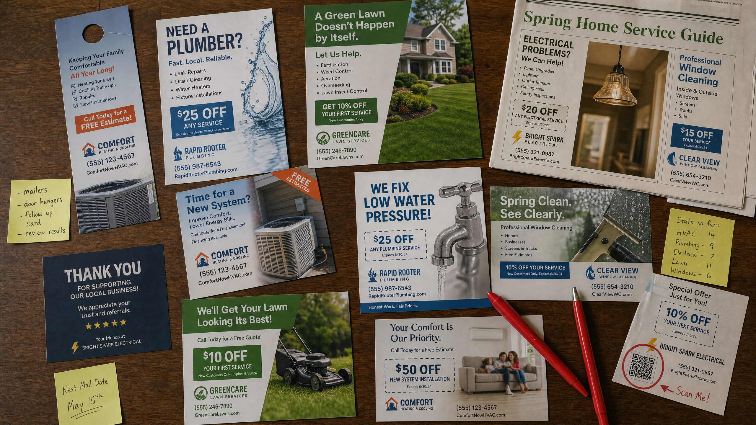 Direct response marketing materials spread on a desk